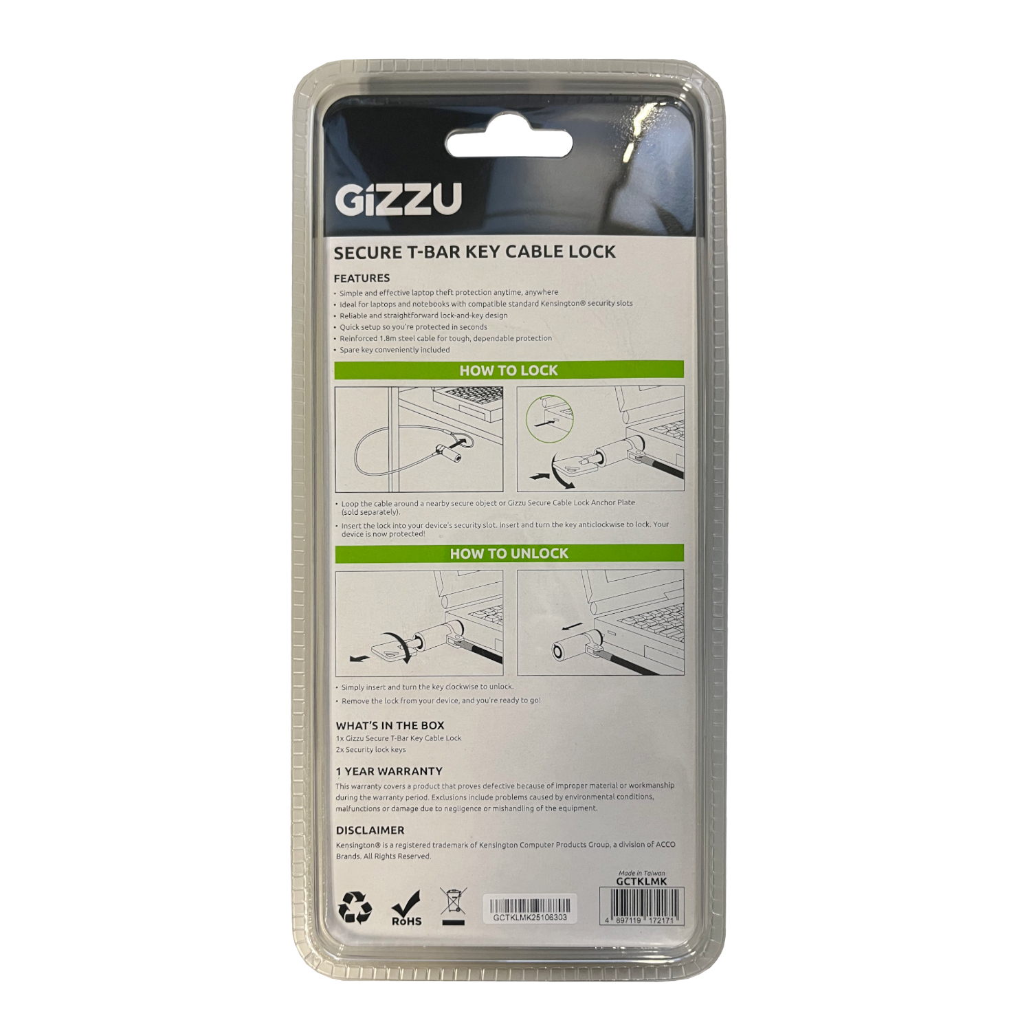 Gizzu 1.8m T-Bar Laptop Cable Lock Master Key Compatible - Image 3