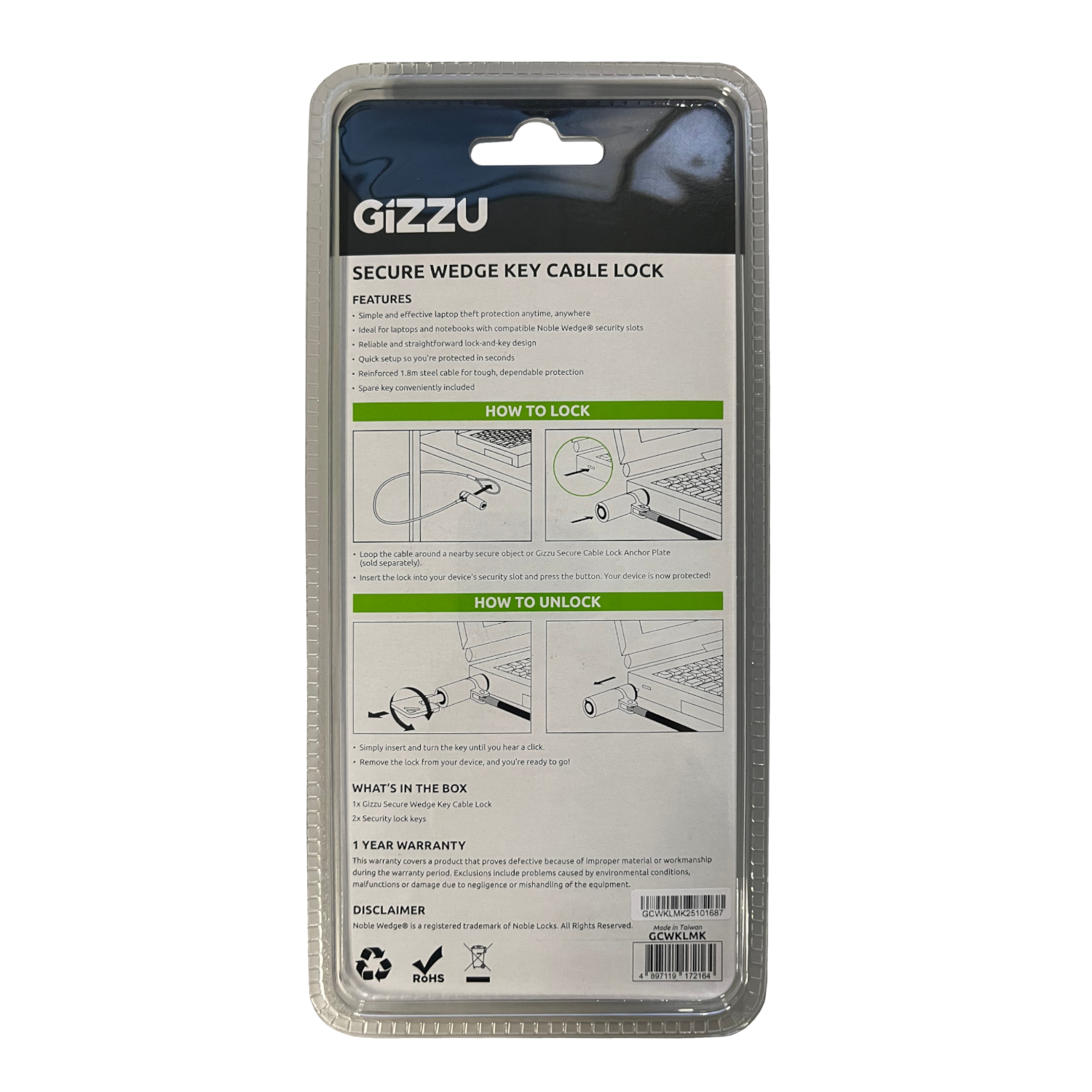 Gizzu 1.8m Wedge Cable Lock - Image 3