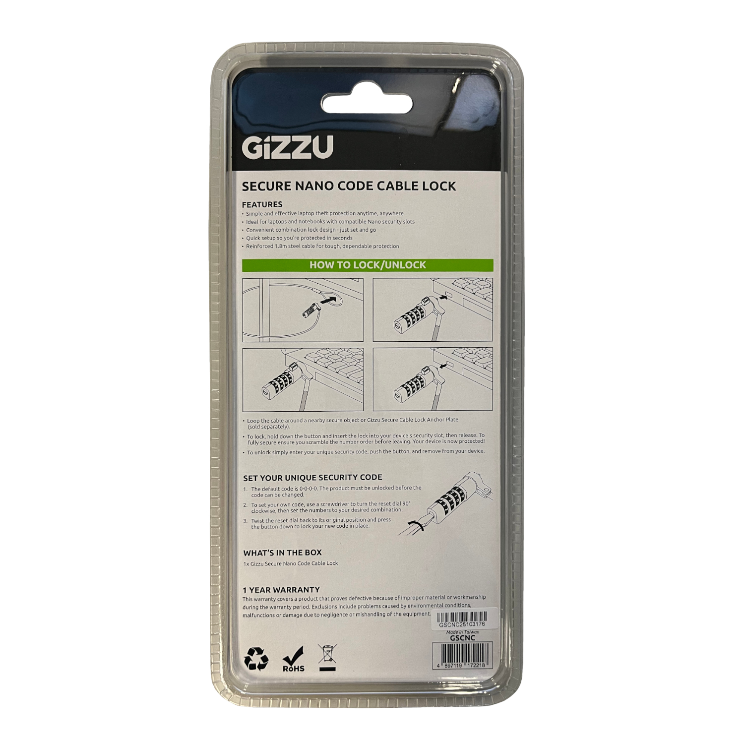 GIZZU 1.8m Nano Combination Lock Security Cable - Image 3