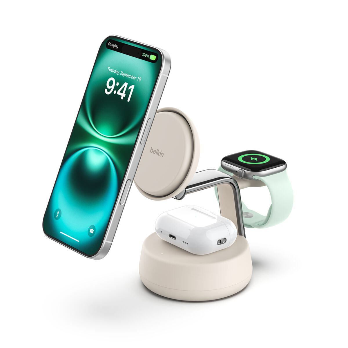 Belkin - UltraCharge - MagSafe Charger Compatible, 3-in-1 Qi2 Wireless Charging Station 25 Watt - Wireless Charger for iPhone 17/16, Apple Watch, AirPods, Desktop Phone Stand for Travel with 45 Watt Adapter - Sand