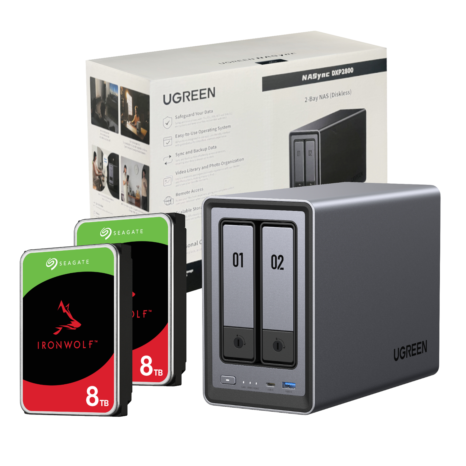 Ugreen NASync DXP2800 2-Bay NAS — 16TB IronWolf Bundle (2×8TB) V2
