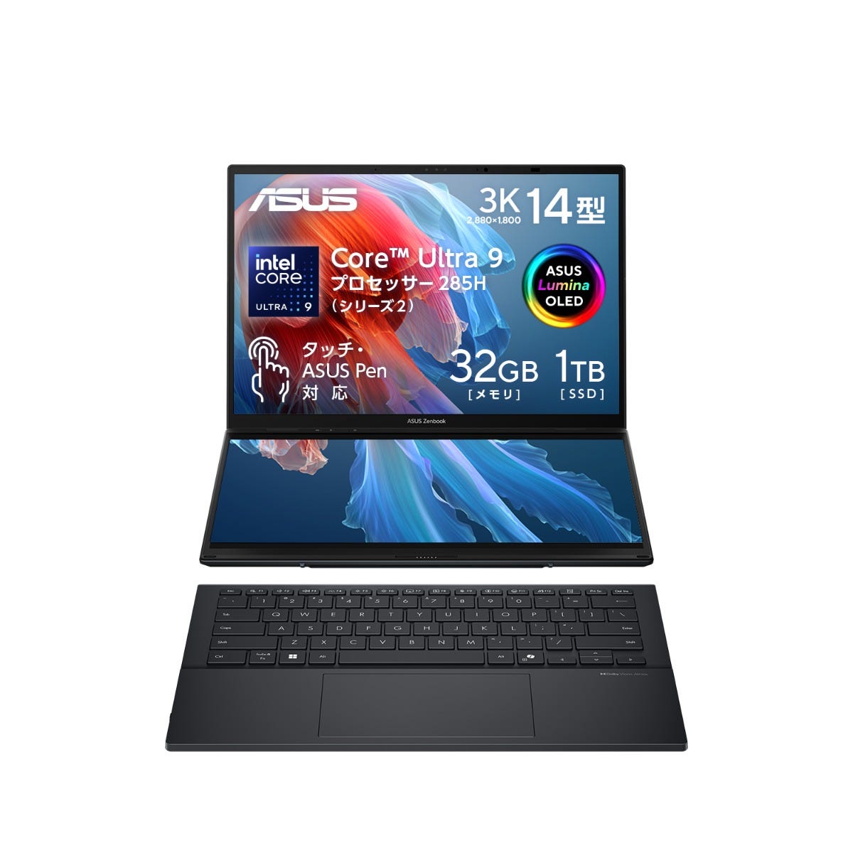 Asus Zenbook Duo UX8406 Notebook PC - Intel® Core™ Ultra 9 Processor 285H 2.9 GHz (24MB Cache, up to 5.4 GHz, 16 cores, 16 Threads); Intel® AI Boost NPU up to 13TOPS, 16Gb LPDDR5X