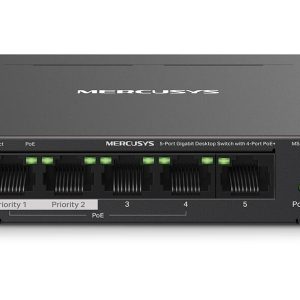 Mercusys MS105GP 5-Port Gigabit Desktop Switch with 4-Port PoE+ – 5GB RJ45 ports, with four PoE+ ports supporting up to 30W each and a total power budget of 65W. Supports data rate