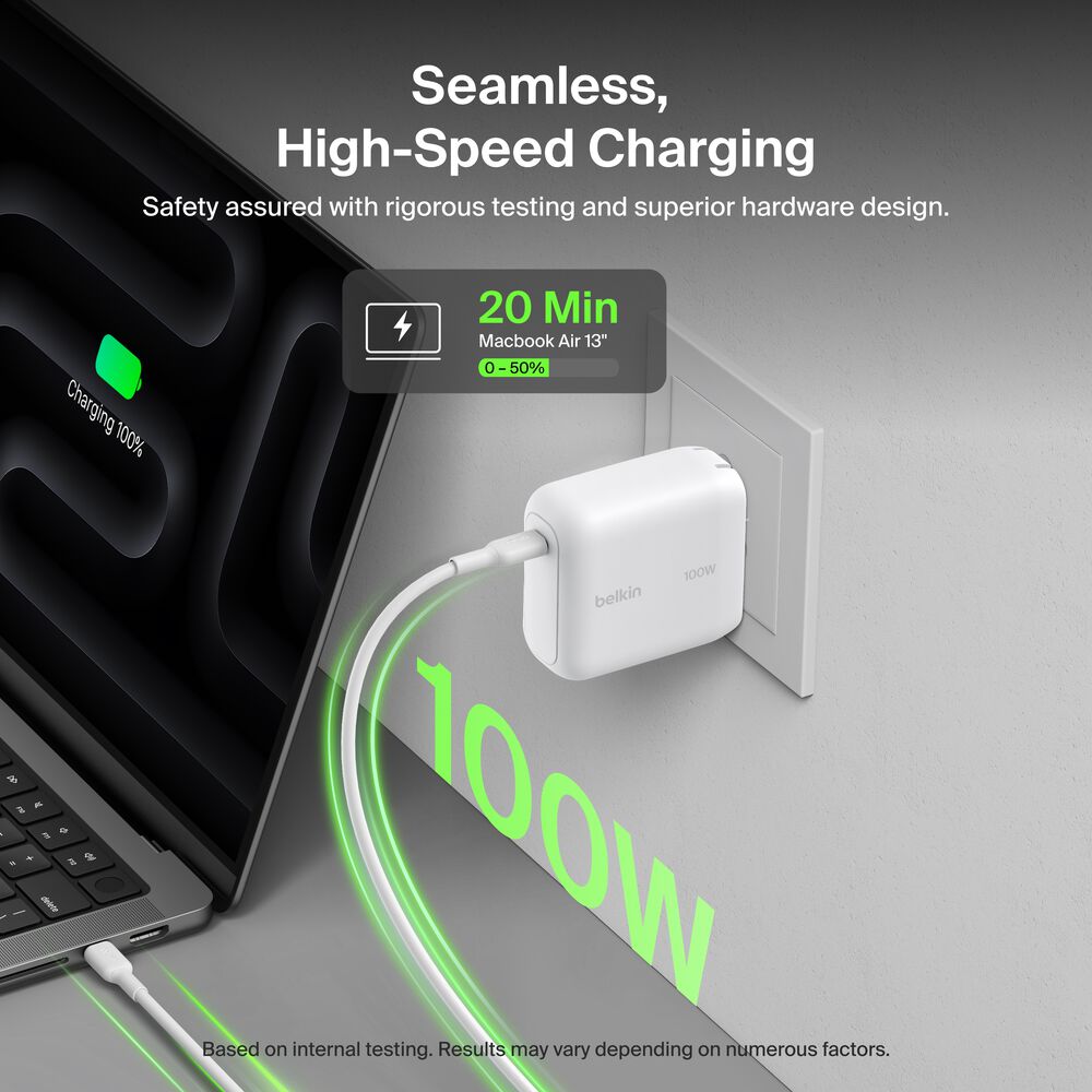 Belkin - 100 Watt GAN Wall Charger with 1.5 Meter Cable - White (Foldable EU 2 Pin Plug)