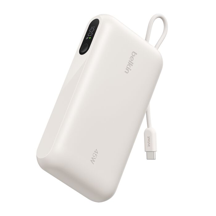 Belkin - UltraCharge 20 000 mAh Power Bank with USB-C Cable and Display - Black Charge Up to 3 Devices (1 x USB-C Port + Integrated Cable, 1 x USB-A Port) 45 Watt - Sand