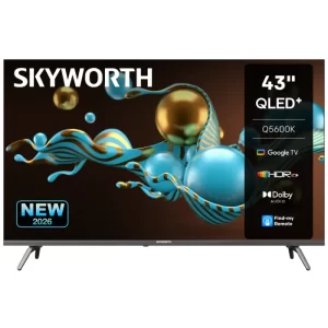 Skyworth 43 Inch FHD QLED Google TV – 1920 x 1080 Full HD QLED VA panel, Refresh Rate 60Hz, Response Time 9.5ms, Brightness 250 nits, Contrast Ratio 1200:1, Color Gamut 90% DCI-P3.