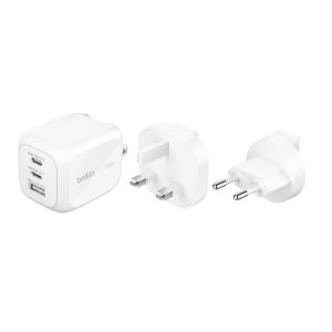 Belkin - BoostCharge - 3 Port USB-C Wall Plug 70 Watt - Multi-Port GaN Wall Charger with 2 x USB-C & 1 x USB-A Ports (UK and US Plug Tips) - Fast Charging for MacBook, iPhone 17/16, iPad, Samsung Galaxy S25, Google Pixel, etc - White