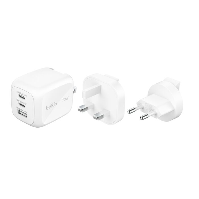 Belkin - BoostCharge - 3 Port USB-C Wall Plug 70 Watt - Multi-Port GaN Wall Charger with 2 x USB-C & 1 x USB-A Ports (UK and US Plug Tips) - Fast Charging for MacBook, iPhone 17/16, iPad, Samsung Galaxy S25, Google Pixel, etc - White