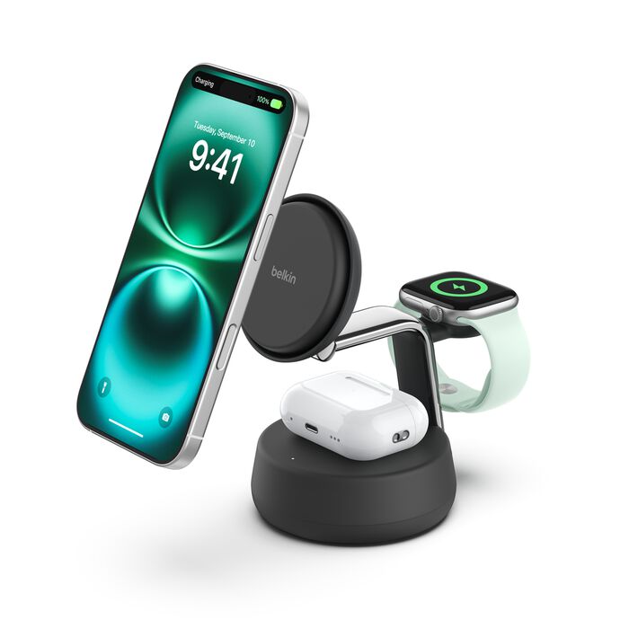 Belkin - UltraCharge - MagSafe Charger Compatible, 3-in-1 Qi2 Wireless Charging Station 25 Watt - Wireless Charger for iPhone 17/16, Apple Watch, AirPods, Desktop Phone Stand for Travel with 45 Watt Adapter - Black