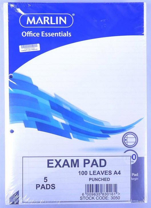 Marlin A4 Exam Pad Punched 100 page 5 pack