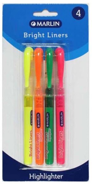 Marlin Bright Liners Pen Type Highlighters assorted colours