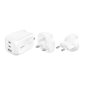 Belkin - BoostCharge - 3 Port USB-C Wall Plug 100 Watt GaN Wall Charger with 2 x USB-C & 1 USB-A Ports - Plug Tips included for EU/UK/US, Fast Charging for MacBook, iPhone, iPad Pro, Samsung Galaxy, Google Pixel, etc - White