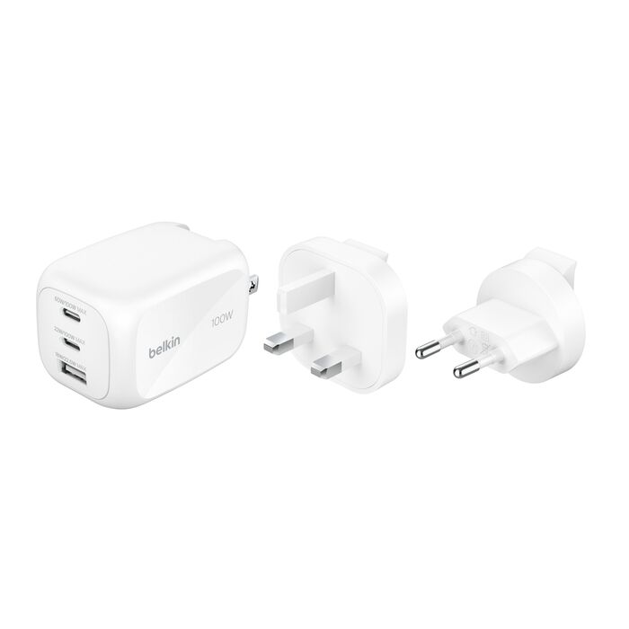 Belkin - BoostCharge - 3 Port USB-C Wall Plug 100 Watt GaN Wall Charger with 2 x USB-C & 1 USB-A Ports - Plug Tips included for EU/UK/US, Fast Charging for MacBook, iPhone, iPad Pro, Samsung Galaxy, Google Pixel, etc - White
