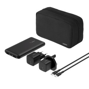 Belkin - Portable Charger, 4-in-1 Power Bundle with 10000 mAh Power Bank, 25 Watt USB-C Charging Block, 60 Watt USB-C Cable, and Travel Pouch – Fast Charging for Multiple Devices -