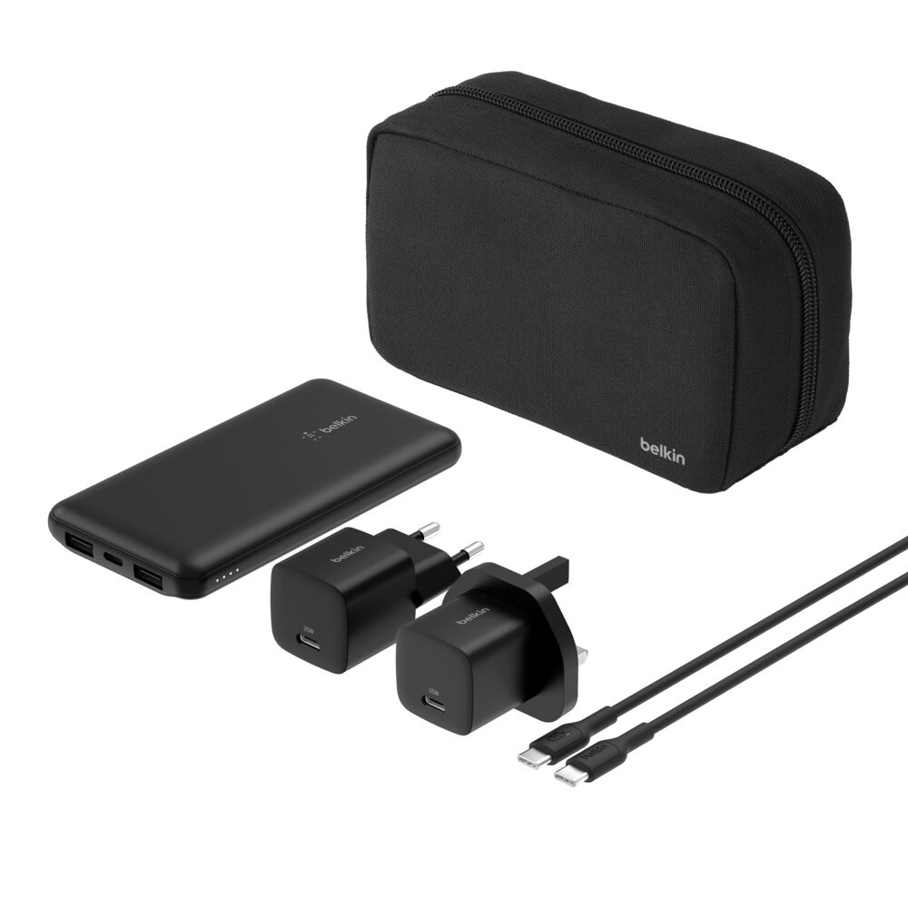 Belkin - Portable Charger, 4-in-1 Power Bundle with 10000 mAh Power Bank, 25 Watt USB-C Charging Block, 60 Watt USB-C Cable, and Travel Pouch – Fast Charging for Multiple Devices -