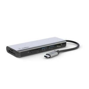 Belkin - 7 in 1 USB-C Mobile Dock Connect - 2 x USB-A 3.0 (5Gpbs) 1 x HDMI 4K 1x USB C 100 Watt Power Delivery 1 x SD Card Reader 1 x MicroSD Card 1 x 3.5mm Audio Port - Silver (Mac M1/M2/M3/M4 Chipset and Windows Compatible)