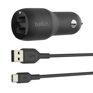 Belkin - BoostCharge Dual USB-A Car Charger 24 Watt - Includes USB-A to USB-C Cable - Black