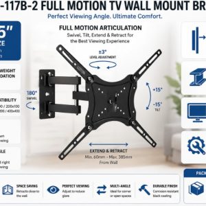 UniQue Full Motion 14 to 55 inch Swivel And Tilt TV And Monitor Bracket - Compatible With 14inch To 55Inch TVs And Monitors , Full Motion Design With Swivel And Tilt Adjustment, Ex