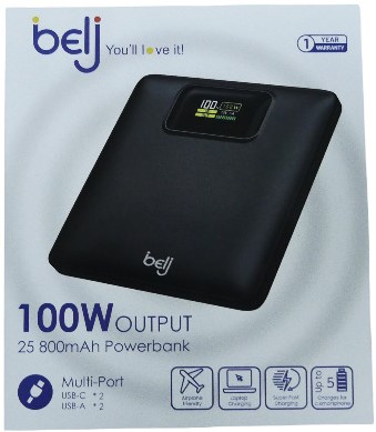 Belj Multi Port Powerbank - 25 800mAh Powerbank Capacity, 100W Output, LED Display for Charging Indicator, Discharging Indicator, Efficiency Display, Voltage and Current Display, 2
