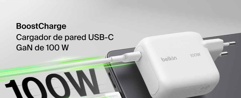 Belkin - 100 Watt GAN Wall Charger with 1.5 Meter Cable - White (Fixed EU 2 Pin Plug)