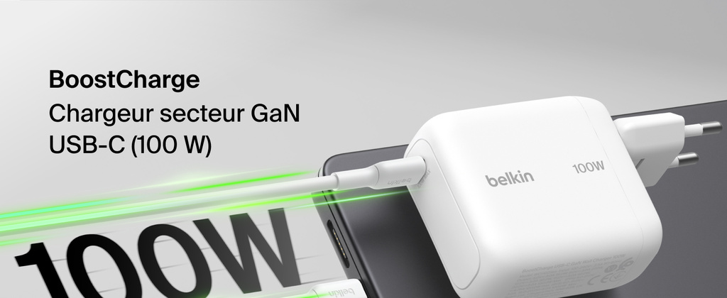 Belkin - 100 Watt GAN Wall Charger - White (Foldable EU 2 Pin Plug)