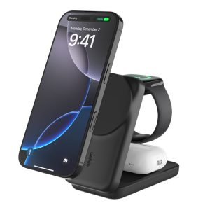 Belkin - UltraCharge Magnetic Wireless Charger 25 Watt - 3-in-1 Qi2 Certified MagSafe Compatible Fast Charger, Convertible Charging Station for iPhone 17/16, Apple Watch, AirPods, Charging Stand with 45 Watt Adapter - Black