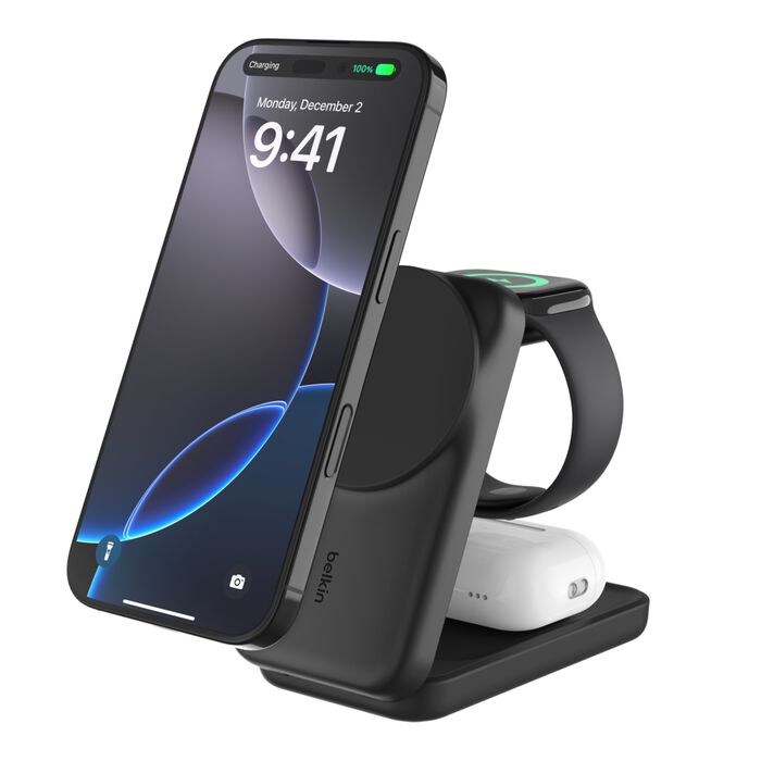 Belkin - UltraCharge Magnetic Wireless Charger 25 Watt - 3-in-1 Qi2 Certified MagSafe Compatible Fast Charger, Convertible Charging Station for iPhone 17/16, Apple Watch, AirPods, Charging Stand with 45 Watt Adapter - Black
