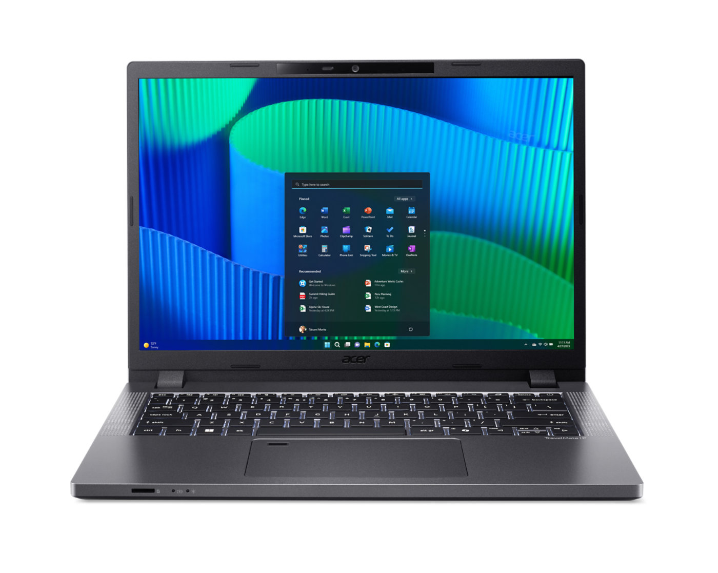 Acer TravelMate P2 14 TMP214-55-G2 business laptop in steel grey, open, showing the backlit keyboard