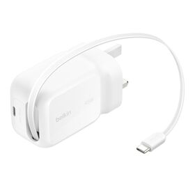 Belkin - BoostCharge Dual - USB-C 45 Watt Wall Charger With Rectractable USB-C Cable - White