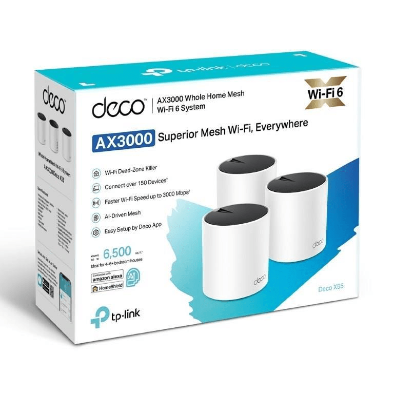 The Deco X55 AX3000 Whole Home Mesh Wi-Fi 6 System is designed to deliver superior, fast, and reliable Wi-Fi coverage throughout your home. With advanced Wi-Fi 6 technology, this s