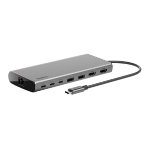 Belkin - Universal 8 in 1 - Dual HDMI Display Mobile Docking Station - 1 x HDMI 1.4 (4K@30hz) 1 x HDMI 2.0 (4K@60hz) 2 xx USB-C Ports 1 x USB-C Power Delivery of 100 Watts 1 x Gigabit Ethernet Port - Silver (Mac M1/M2/M3/M4 Chipset and Windows Compatible)