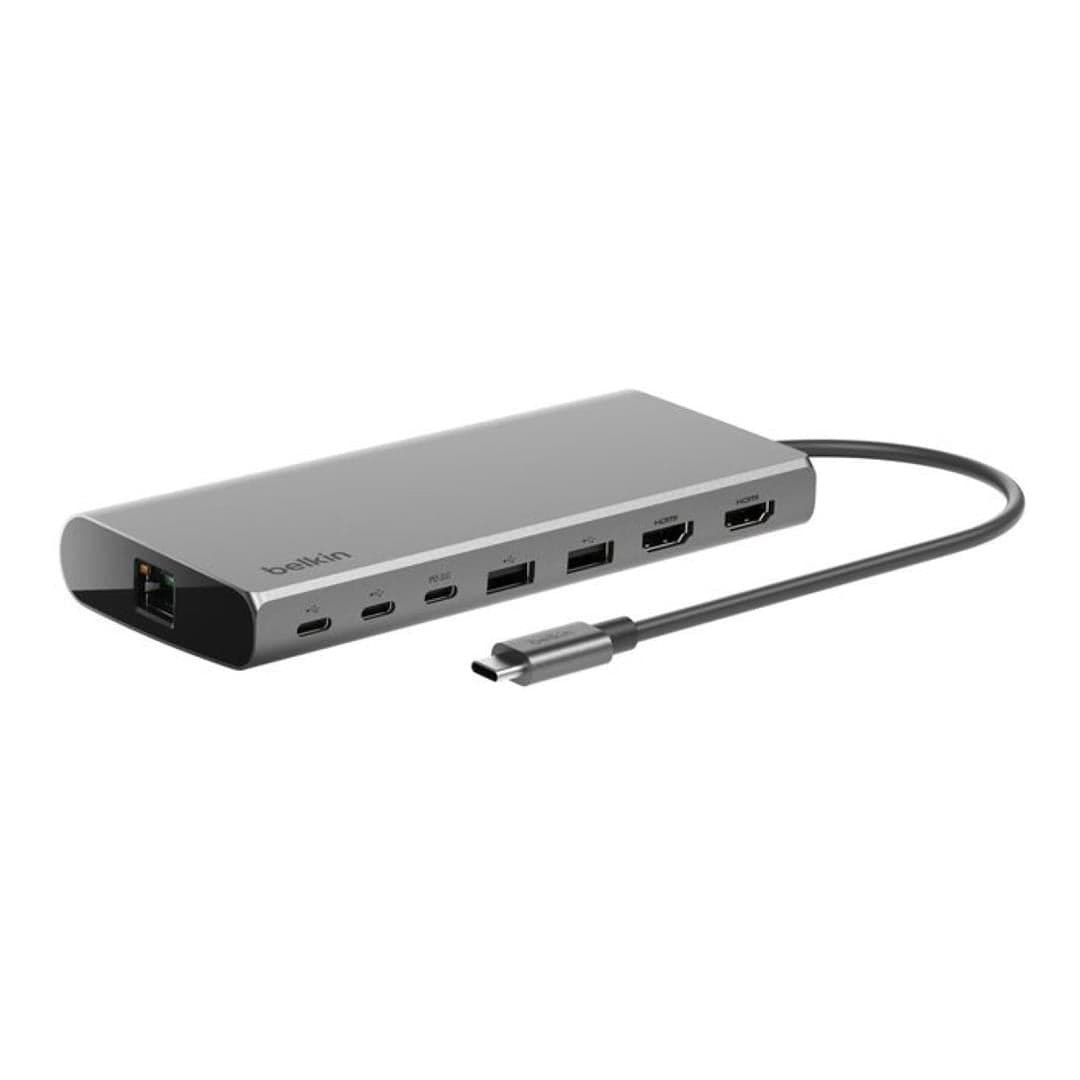 Belkin - Universal 8 in 1 - Dual HDMI Display Mobile Docking Station - 1 x HDMI 1.4 (4K@30hz) 1 x HDMI 2.0 (4K@60hz) 2 xx USB-C Ports 1 x USB-C Power Delivery of 100 Watts 1 x Gigabit Ethernet Port - Silver (Mac M1/M2/M3/M4 Chipset and Windows Compatible)