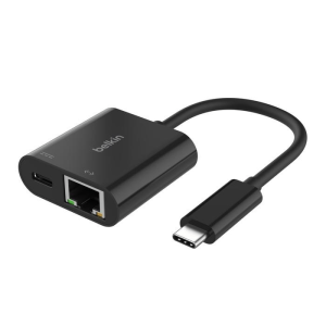 Belkin - USB-C to Ethernet Adapter with Power Delivery Port up to 100Watt Power Delivery - Black (Boost your power with this compact USB-C Ethernet adapter. Enjoy 100W USB-C Power Delivery plus a Gigabit Ethernet connection supporting 10/100/1000 Mbps. Its lightweight design makes it easy to work anywhere without the hassle of a bulky adapter)