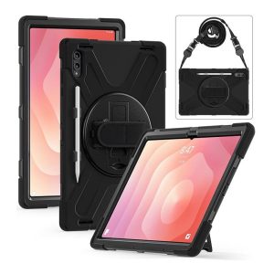 Tuff-Luv - Armour Jack Rugged Case with Shoulder Strap and Stand - Shockproof, Hand Strap, Kickstand, and 360° Rotation and Stylus Holder - Compatible with Samsung Galaxy Tab S11 Ultra (SM-X936) 14.6" - Black