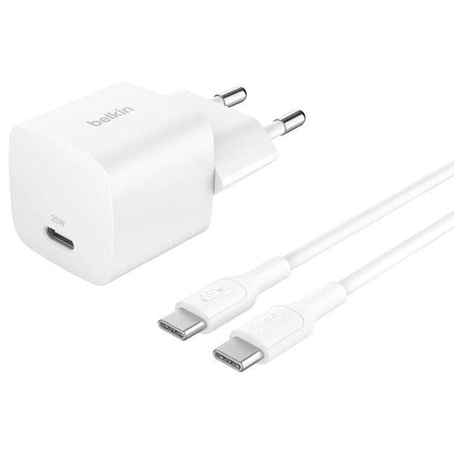 Belkin - BoostCharge 25W Wall Charger with 60Watt USB-C Cable (1 Meter ) - USB-C Phone Charger Power Delivery 3.0 Fast Charging with PPS for Apple iPhone 16 Serie, iPad Pro, Samsung Galaxy S25, Nintendo Switch, & More - White