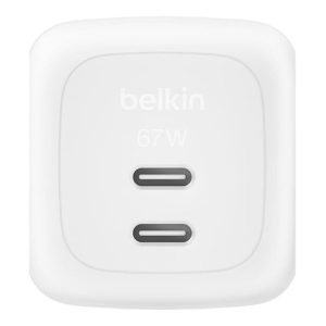 Belkin - BoostCharge Dual 2-Port USB-C Plug 67 Watt - Dual-Port GaN Charger with 2x USB C Ports, Fast Charging for MacBook, iPhone 17, iPad Pro, Chromebook, Galaxy S25 Ultra, Pixel 10, etc. - Travel Essentials - White