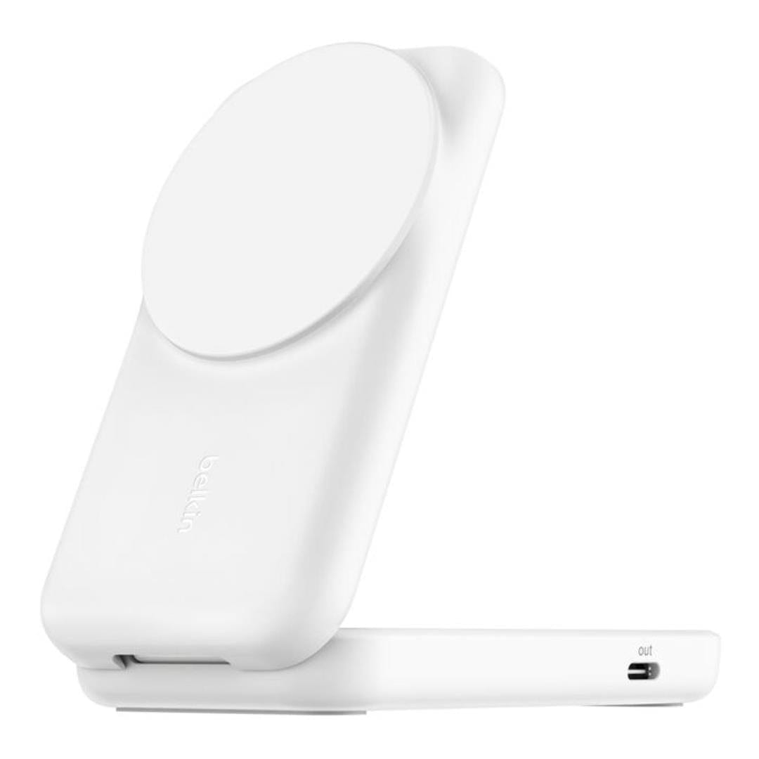 Belkin - UltraCharge 2-in-1 Wireless Charger 25 Watt - Qi2 Certified MagSafe Compatible Charger, Convertible Charging Station for iPhone 17/16, AirPods, Magnetic Stand with USB-C Port with 45 Watt Adapter - White