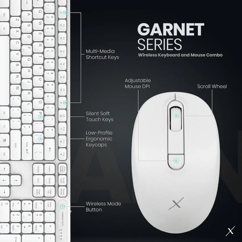 VolkanoX Garnet Bluetooth Wireless Keyboard and Mouse Combo - White - Image 2