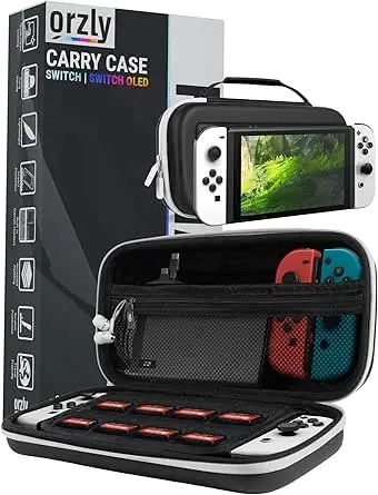 Orzly Travel Case for Nintendo Switch Oled model and standard Switch console with accessories and Games storage compartment - Easy Clean Case Gift Boxed Edition - Black