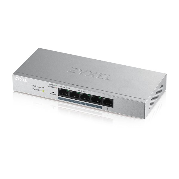 Zyxel Networks GS1200-5HP, 5 Port Gigabit PoE+ webmanaged Desktop Switch, 4x PoE, 60 Watt