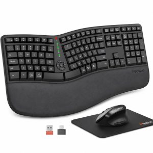 Meetion - Ergonomic Rechargeable - Bluetooth and Wireless Keyboard and Mouse, Ergo Keyboard with Vertical Mouse, Split Arch Keyboard with Cushioned Wrist Palm Rest, Natural Typing - Black
