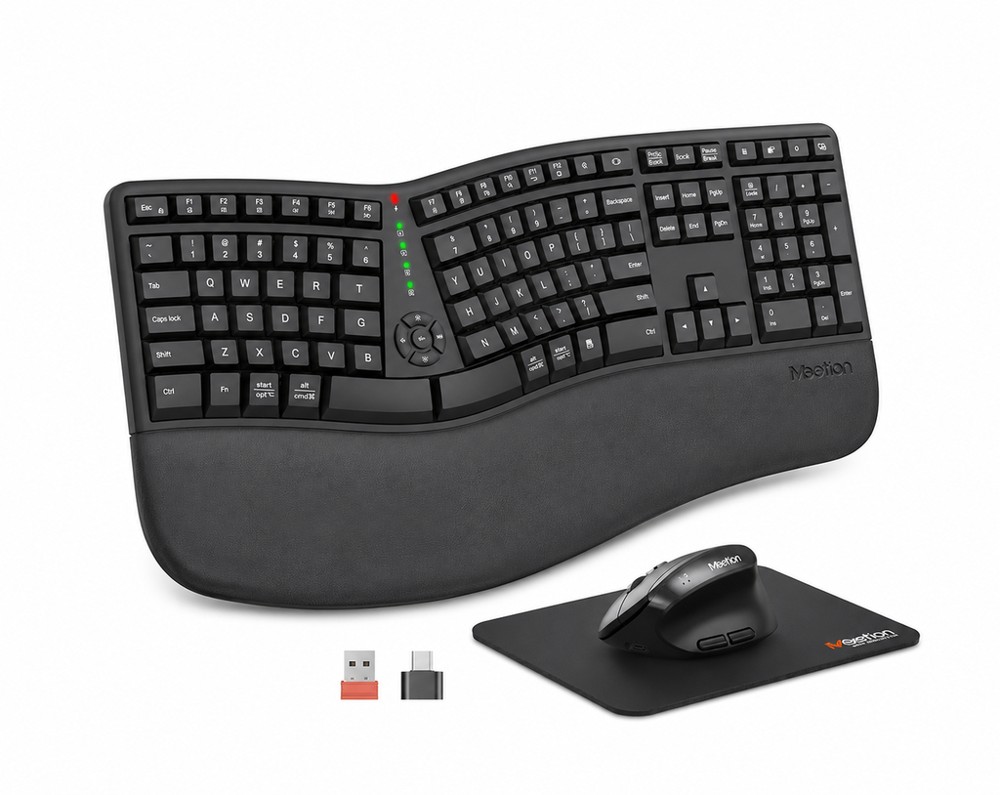 Meetion - Ergonomic Rechargeable - Bluetooth and Wireless Keyboard and Mouse, Ergo Keyboard with Vertical Mouse, Split Arch Keyboard with Cushioned Wrist Palm Rest, Natural Typing - Black
